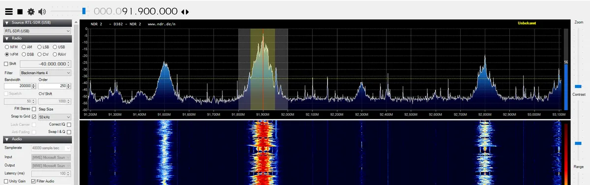 SDRSharp mit UKW-Spektrum und Wasserfall um 91,9 MHz