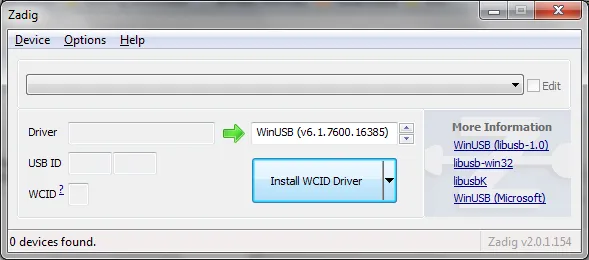 Zadig-Fenster direkt nach dem Start