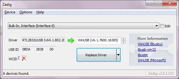Zadig: Schaltfläche Install Driver beziehungsweise Replace Driver